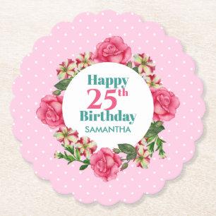Happy Birthday Pink Rose Red White Petunia Polka Untersetzer