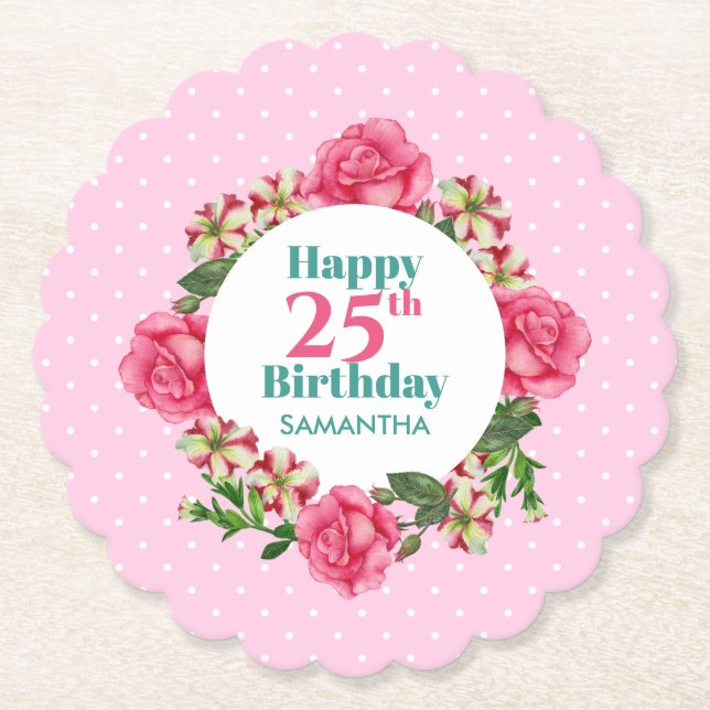 Happy Birthday Pink Rose Red White Petunia Polka Untersetzer (Vorderseite)