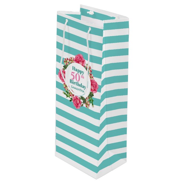 Happy Birthday Pink Rose Red White Petunia Streife Geschenktüte Für Weinflaschen (Vorderseite Schrägansicht)