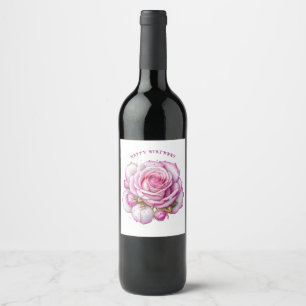 Happy Birthday Pink Roses und Sparkling Diamonds Weinetikett