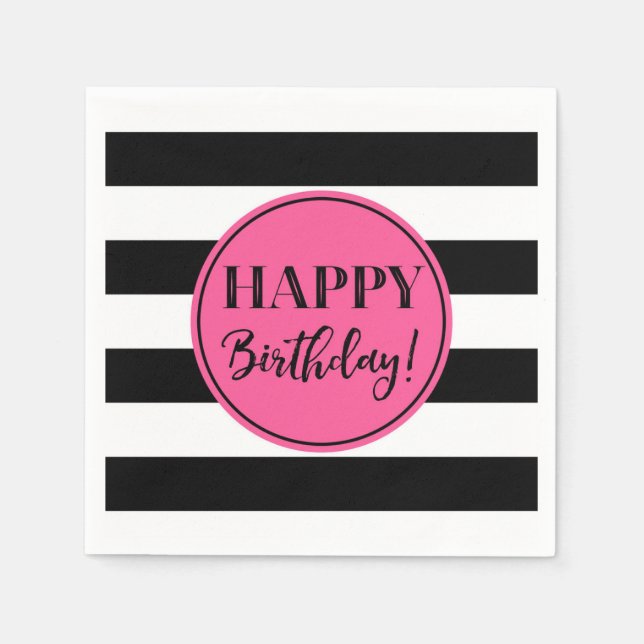 Happy Birthday Pink Schwarz-weiß Stripes Napkins Serviette (Vorderseite)