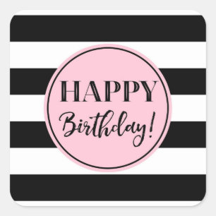 Happy Birthday Pink Schwarz-weiß Stripes Square St Quadratischer Aufkleber