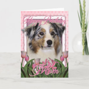 Happy Birthday - Pink Tulips - Australian Shepherd Karte