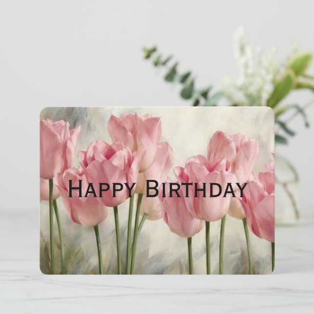 Happy Birthday Pink Tulips Feiertagskarte (Stehend Vorderseite)