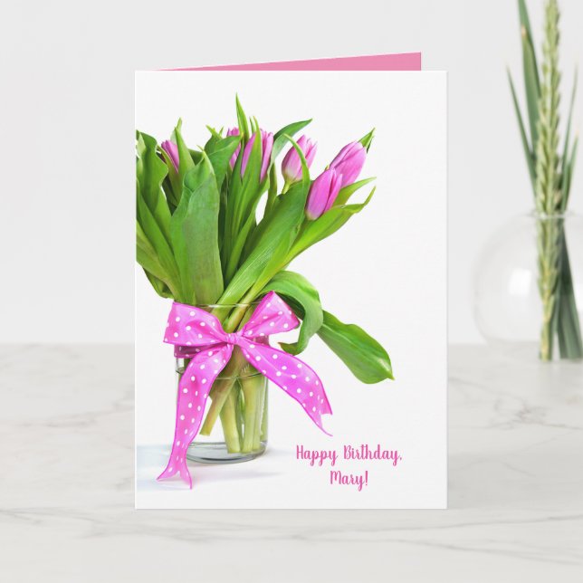 Happy Birthday Pink Tulpen in Vase Karte (Vorderseite)