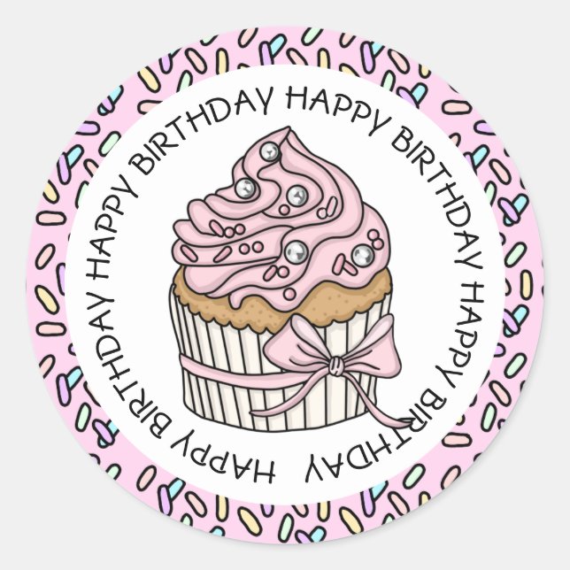 Happy Birthday Pink und Vanilla Cupcake Runder Aufkleber (Vorderseite)