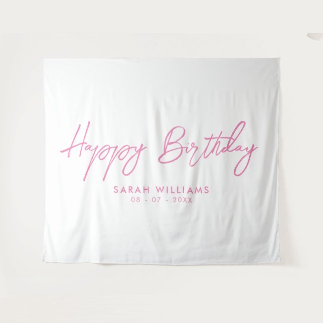 Happy Birthday Pink und White Modern Script Wandteppich (Vorderseite (Horizontal))