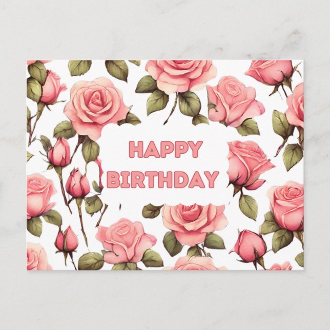 Happy Birthday Pink Watercolor Rose Postkarte (Vorderseite)