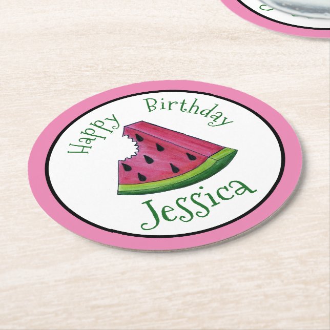 Happy Birthday Pink Watermelon Slice Frucht Picnic Runder Pappuntersetzer (Angewinkelt)