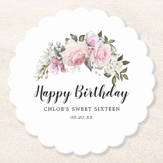 Happy Birthday Pink White Floral Untersetzer (Vorderseite)