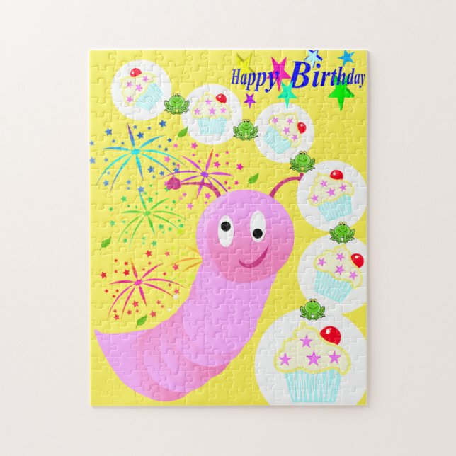 Happy Birthday Pink Worm Cupcake Puzzle (Vertikal)