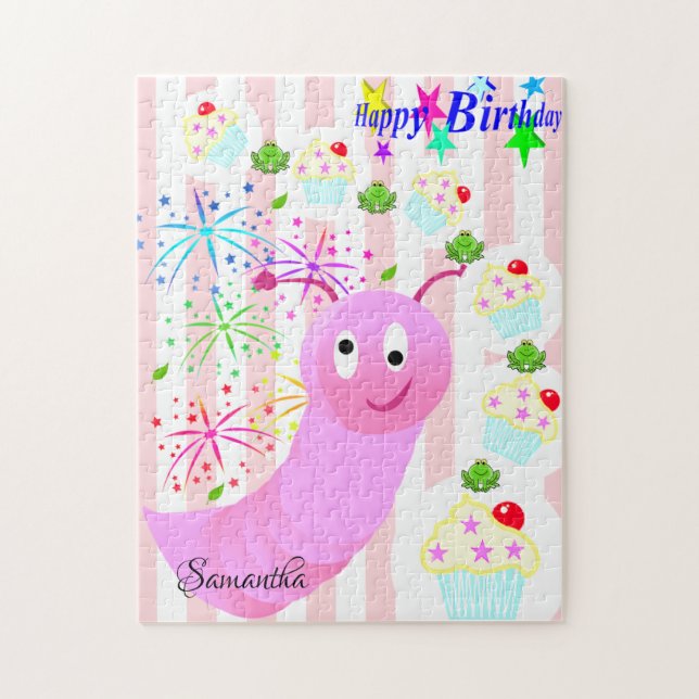 Happy Birthday Pink Worm Cupcake Stripe Puzzle (Vertikal)