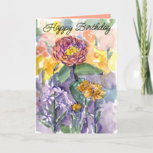 Happy Birthday Pink Zinnias Watercolor Garden Karte