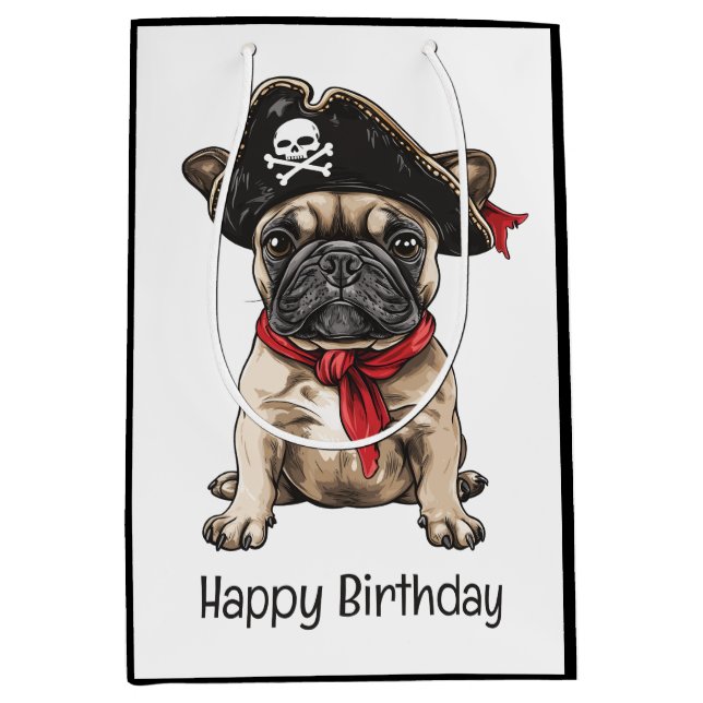 Happy Birthday Pirate French Bulldog Mittlere Geschenktüte (Vorderseite)