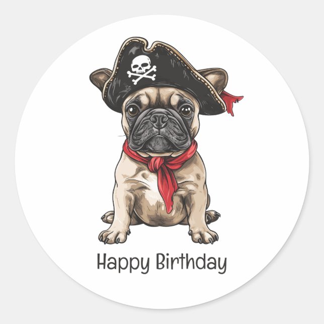 Happy Birthday Pirate French Bulldog Runder Aufkleber (Vorderseite)