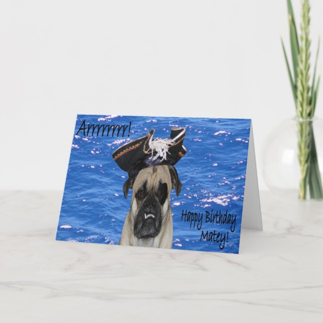 Happy Birthday Pirate Mops Karte (Vorderseite)