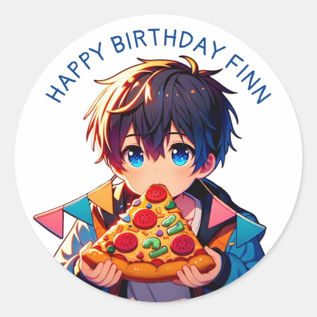 Happy Birthday | Pizza-Party von Anime Boy Runder Aufkleber (Vorderseite)