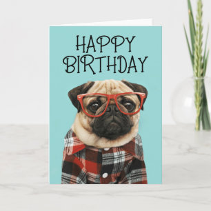 Happy Birthday   Plaid Shirt Pug Karte