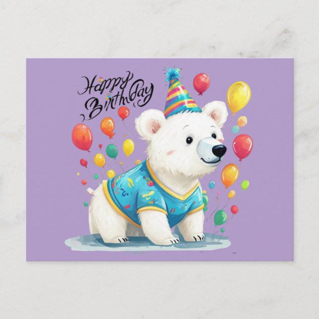 Happy Birthday Polar Bear Balloons Party Art Postkarte (Vorderseite)