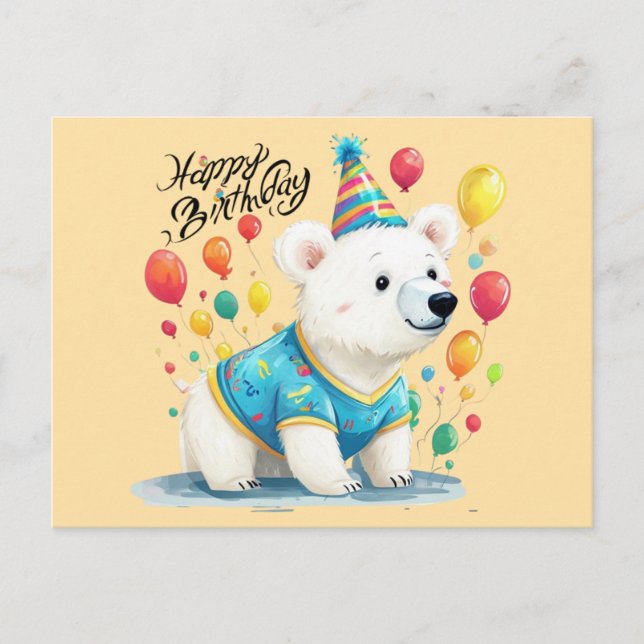 Happy Birthday Polar Bear Balloons Party Art Postkarte (Vorderseite)