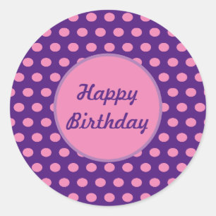 Happy Birthday Polka Dot Runde Aufkleber (Lila)