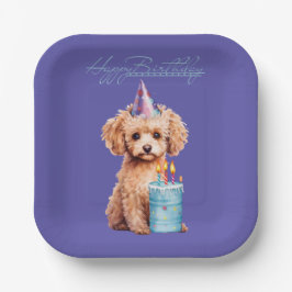 Happy Birthday Poodle mit Party Hat & Bday Cake Pappteller