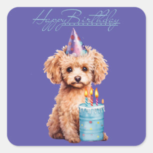 Happy Birthday Poodle mit Party Hat & Bday Cake Quadratischer Aufkleber
