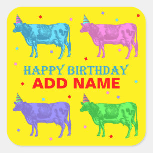 Happy Birthday Pop Art Cows Quadratischer Aufkleber