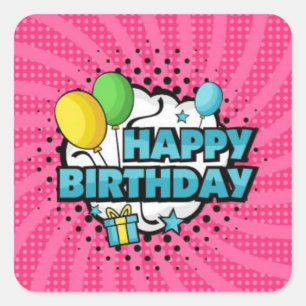 Happy Birthday Pop Art Quadratischer Aufkleber