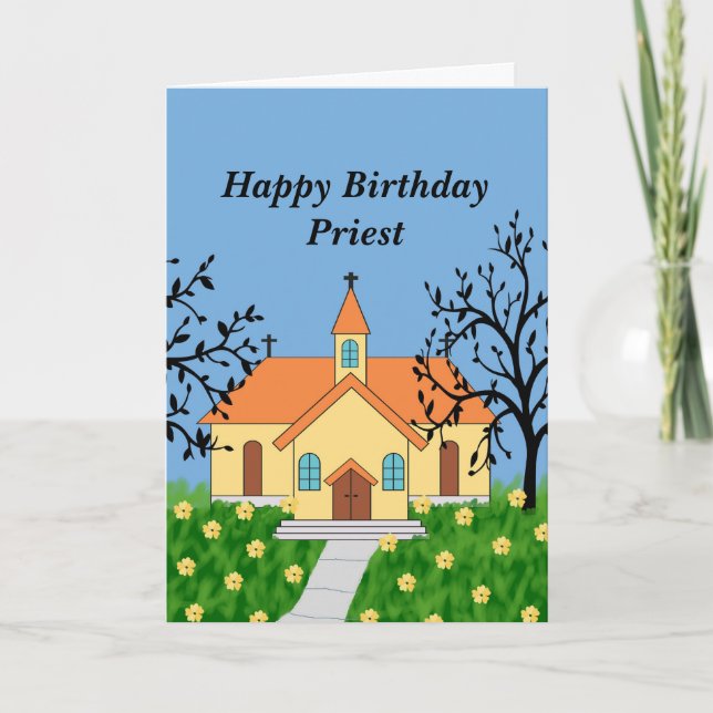 Happy Birthday Priest Card mit Illustrierter Kirch Dankeskarte (Vorderseite)