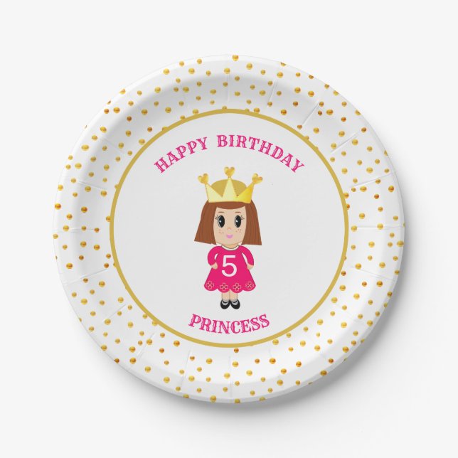 Happy Birthday Princess & Gold Confetti Pappteller (Vorderseite)