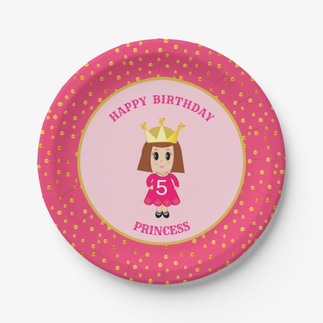 Happy Birthday Princess & Gold Confetti Pappteller (Vorderseite)