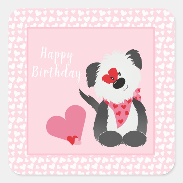Happy Birthday Puppy Heart Pattern Pink Quadratischer Aufkleber (Vorderseite)