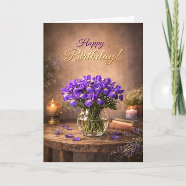 Happy Birthday Purple Iris Candlelight Karte (Vorderseite)