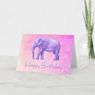 Happy Birthday Purple Watercolor Elephant on Pink Karte