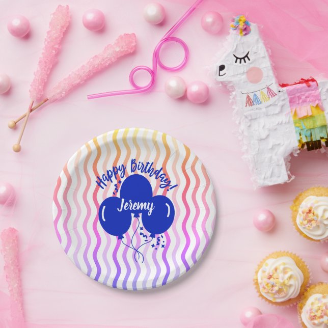Happy Birthday Rainbow Blue Balloons Personalisier Pappteller (Party)