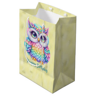 Happy Birthday Rainbow Color Owl on Shiny Lemon Mittlere Geschenktüte