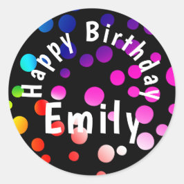 Happy Birthday Rainbow Dots mit Namen Runder Aufkleber