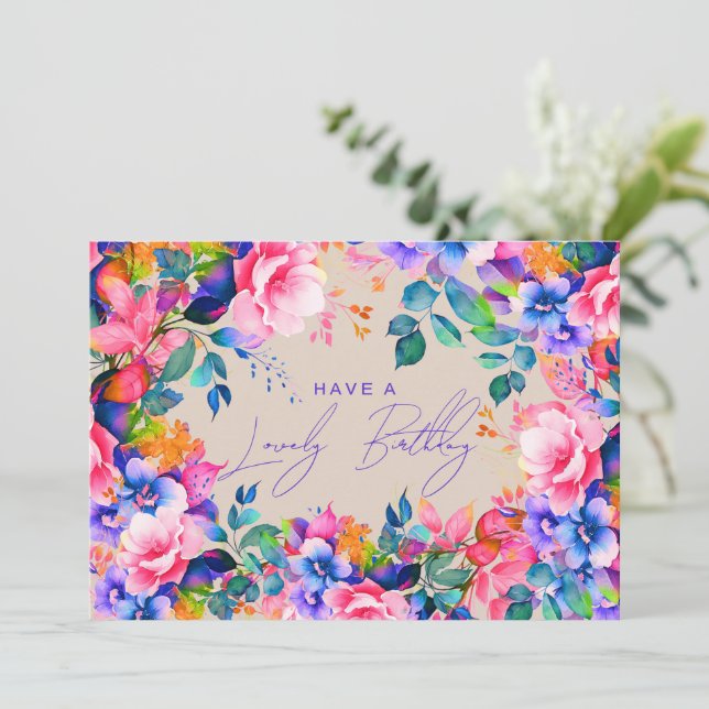 Happy Birthday Rainbow Garden Floral Champagne Karte (Stehend Vorderseite)