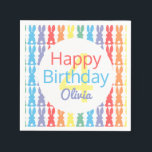 Happy Birthday Rainbow Personalisiert Kids Serviette<br><div class="desc">Mädchen Happy Birthday Rainbow Bunny Muster Personalisiert mit Name und Age Party Paper Napkins. Weißer Hintergrund mit roten, orangefarbenen, gelben, grünen, blauen und lila hellen Silhouetten mit flauschigen weißen Schwänzen. Der mittlere weiße Kreis zeigt das Alter in hellgelber Mitte. Happy ist in rot geschrieben, Geburtstag in blau mit dem Namen...</div>