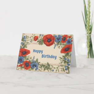 Happy Birthday Red and Blue Poppy Blume Karte
