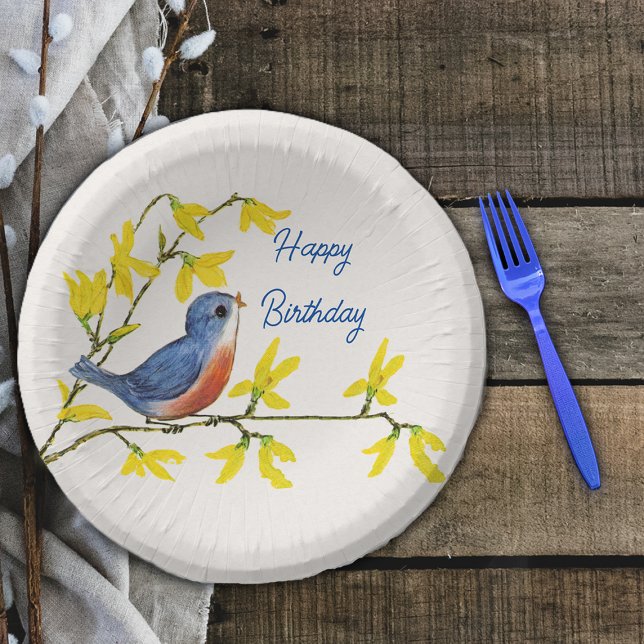 Happy Birthday Red Blue Bird Zweig Hübsche Blume Pappteller (Cute Happy Birthday red blue bird on branch with pretty yellow spring flowers on white paper bowl.)