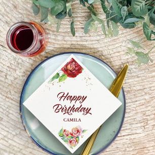 Happy Birthday Red Gold Vintag Floral Rose Serviette