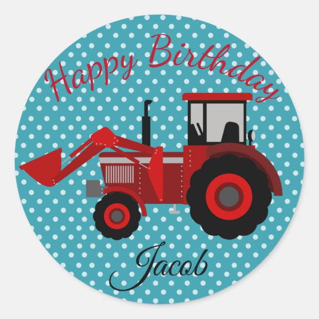 Happy Birthday Red Tractor Runder Aufkleber (Vorderseite)