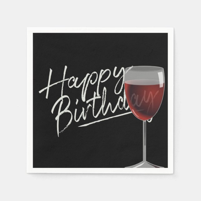 Happy Birthday Red Wine On Black Serviette (Vorderseite)
