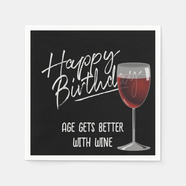 Happy Birthday Red Wine On Black Serviette (Vorderseite)