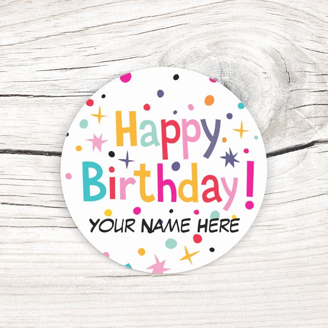 Happy Birthday Retro individuell anpassbar Runder Aufkleber (Add a name to these colorful retro birthday stickers.)