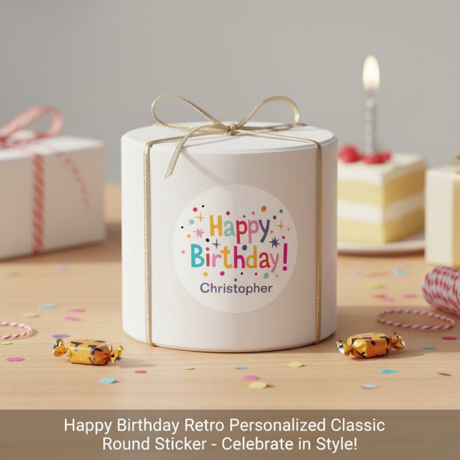 Happy Birthday Retro Personalisiert Runder Aufkleber (Happy Birthday Retro Personalized Classic Round Sticker)