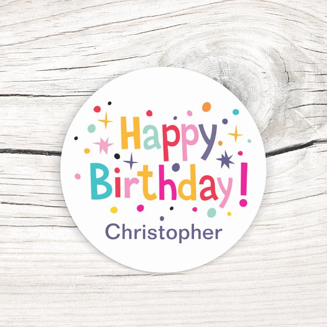 Happy Birthday Retro Personalisiert Runder Aufkleber (A vibrant vintage design that includes a personalized name.)