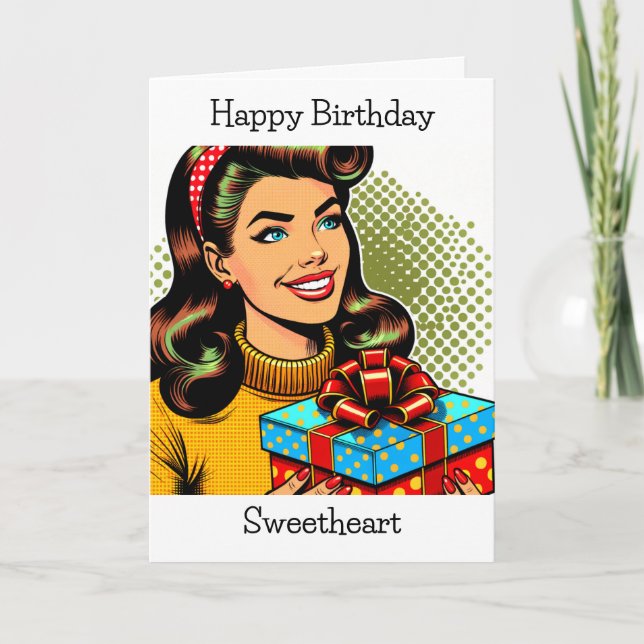 Happy Birthday | Retro Pop Art Woman Holding Gift Karte (Vorderseite)